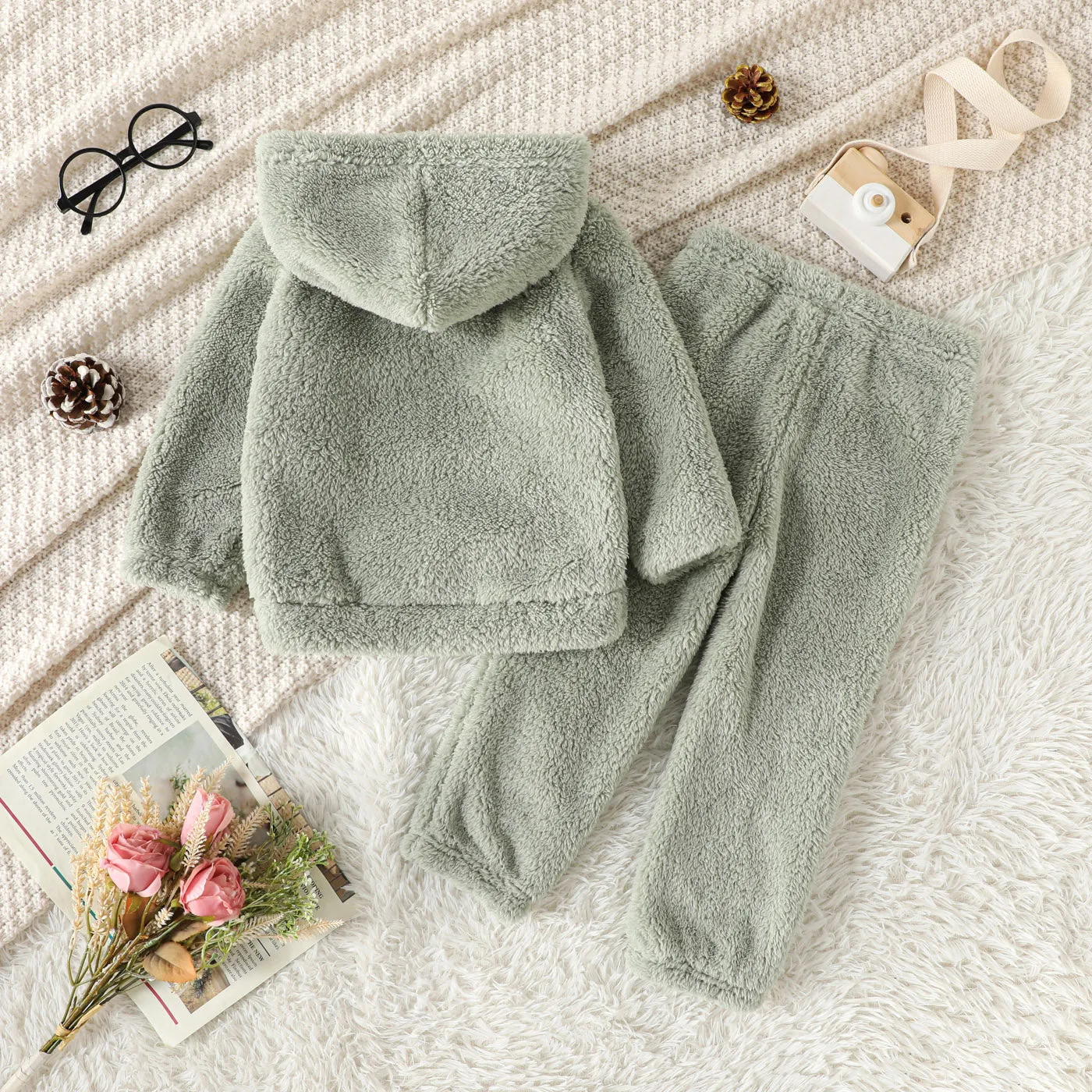 2-piece Toddler Girl Fuzzy Hoodie Sweatshirt and Pants Set