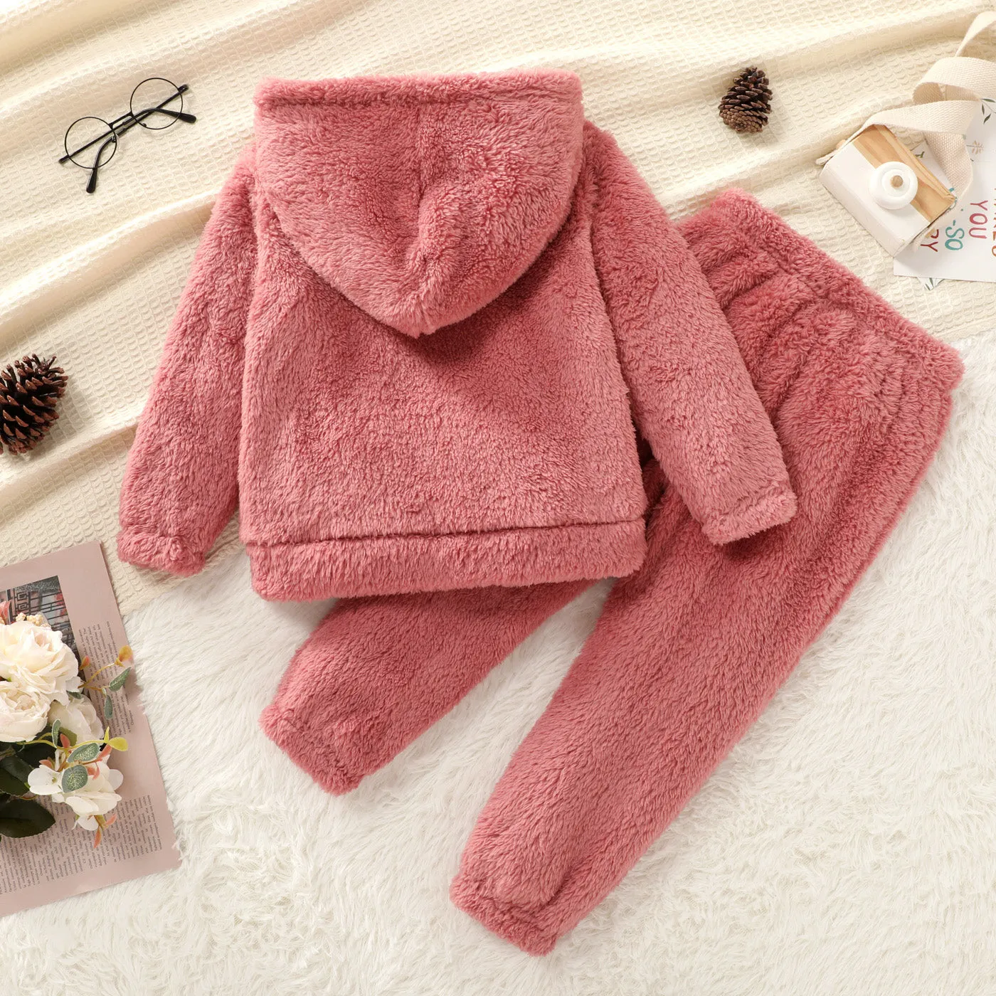 2-piece Toddler Girl Fuzzy Hoodie Sweatshirt and Pants Set