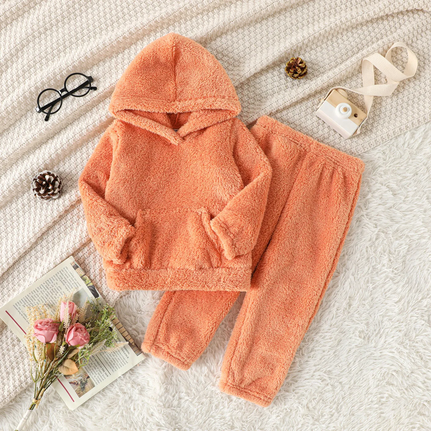 2-piece Toddler Girl Fuzzy Hoodie Sweatshirt and Pants Set