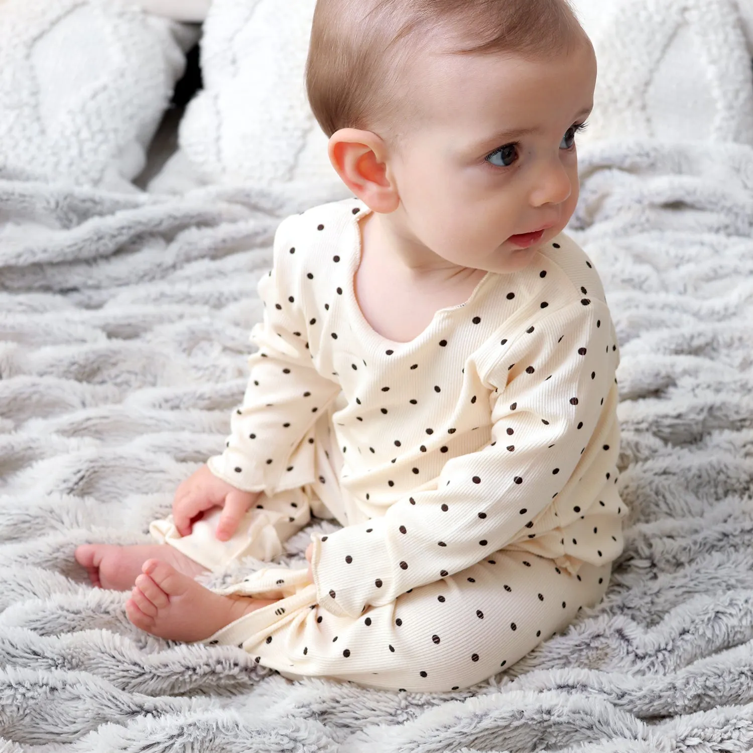 Baby Polka Dot Lightweight Ribbed Pajamas | Scalloped Cuffs