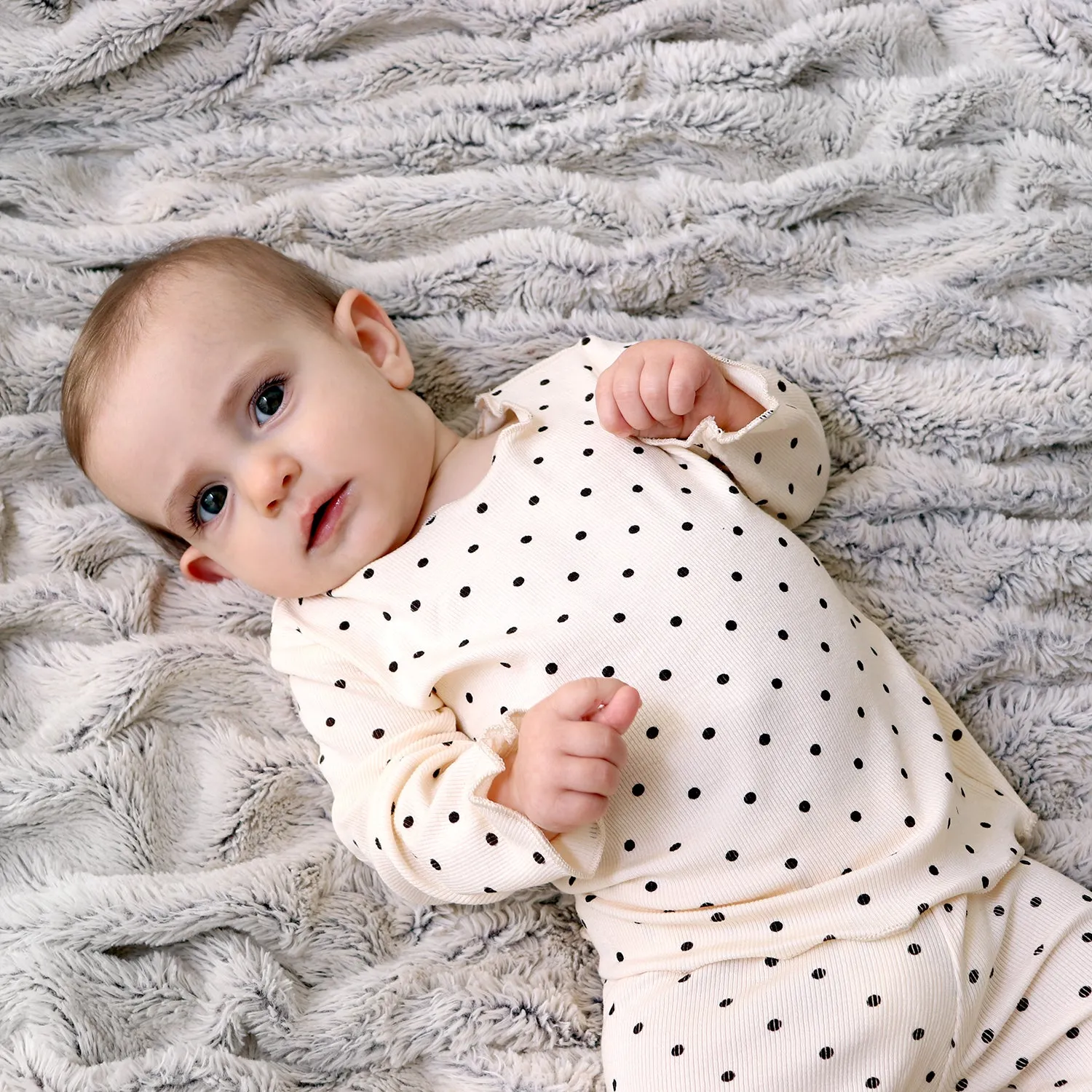 Baby Polka Dot Lightweight Ribbed Pajamas | Scalloped Cuffs