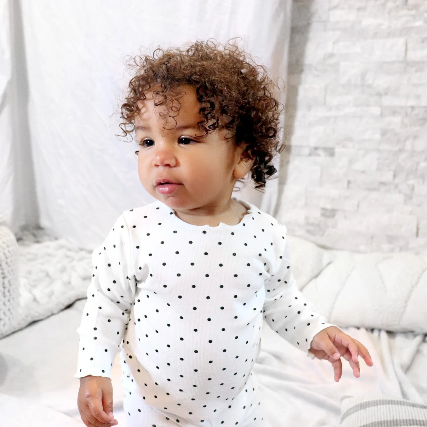 Baby Polka Dot Lightweight Ribbed Pajamas | Scalloped Cuffs