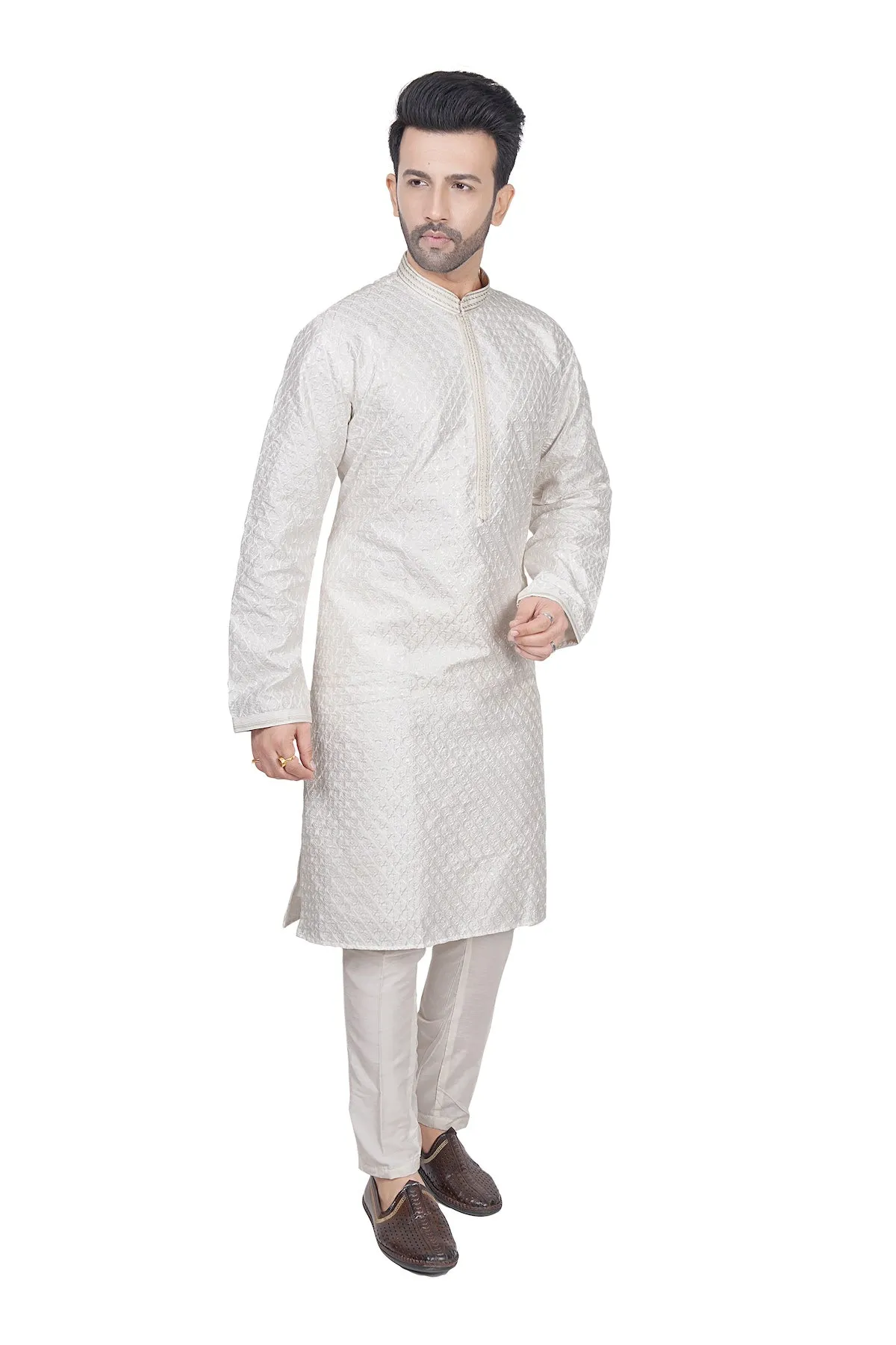 Cloud white embroidered mens kurta set
