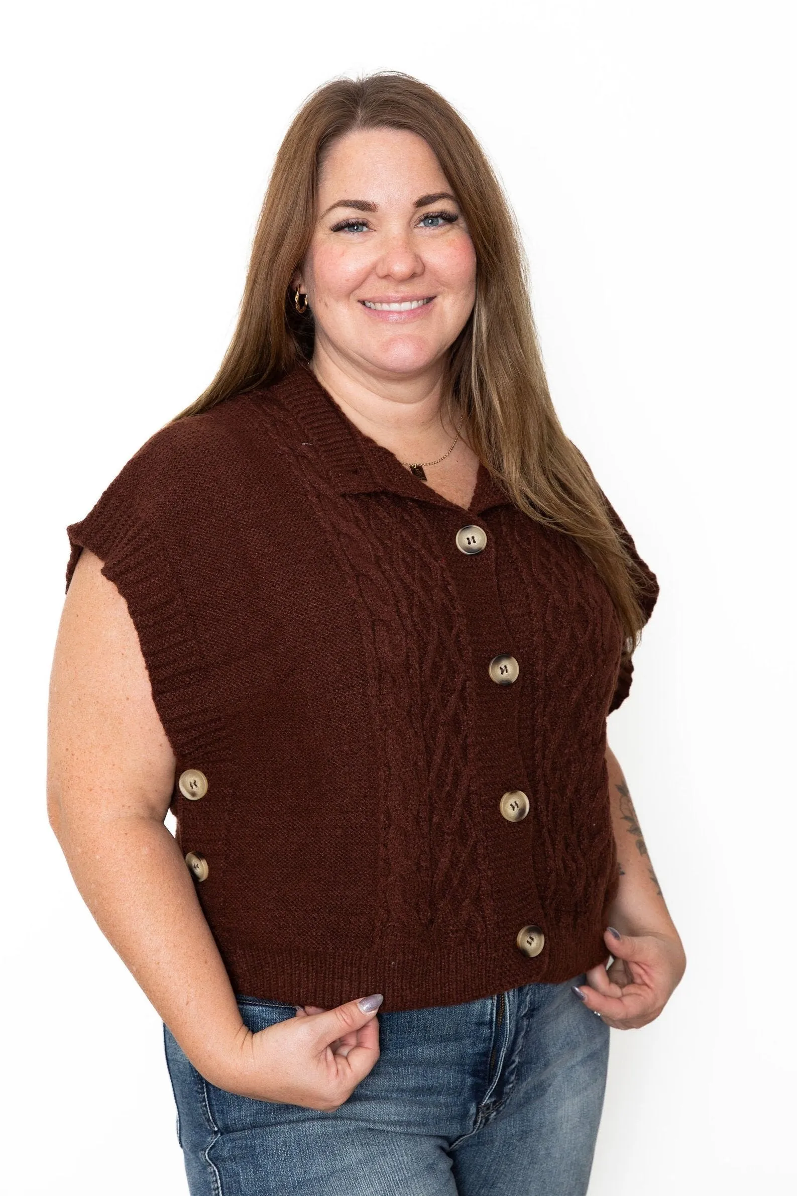 Drop Shoulder Cable Knit Sweater Vest - Brown