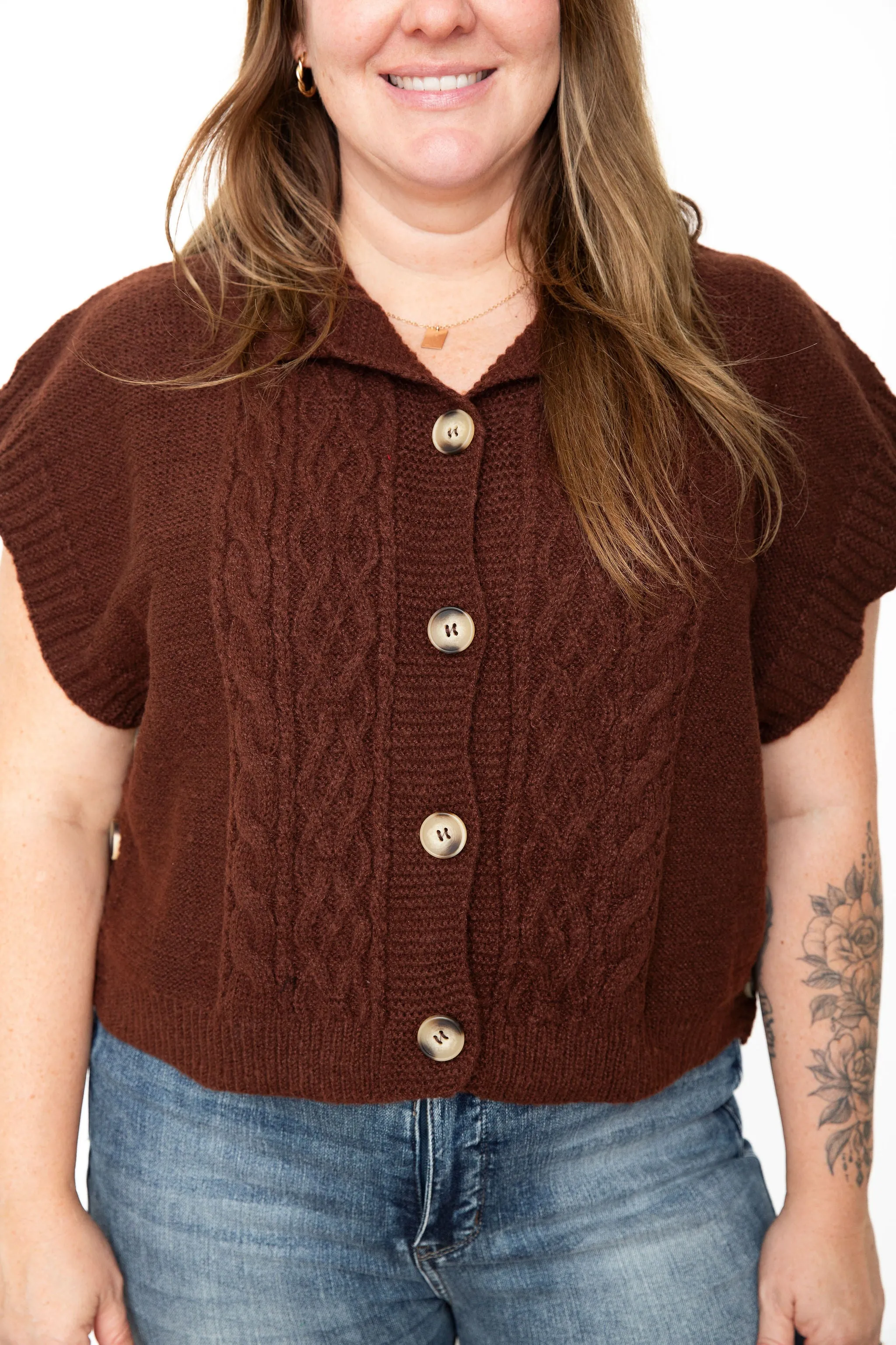 Drop Shoulder Cable Knit Sweater Vest - Brown