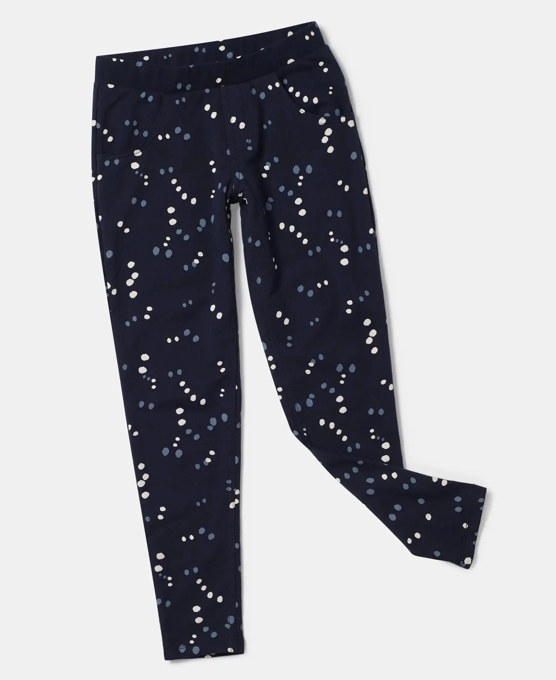 Girl's Super Combed Cotton Elastane Stretch French Terry Printed Jeggings - Navy Blazer Printed