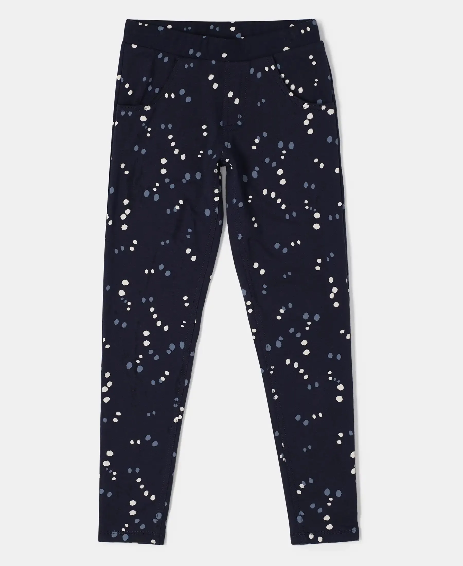 Girl's Super Combed Cotton Elastane Stretch French Terry Printed Jeggings - Navy Blazer Printed