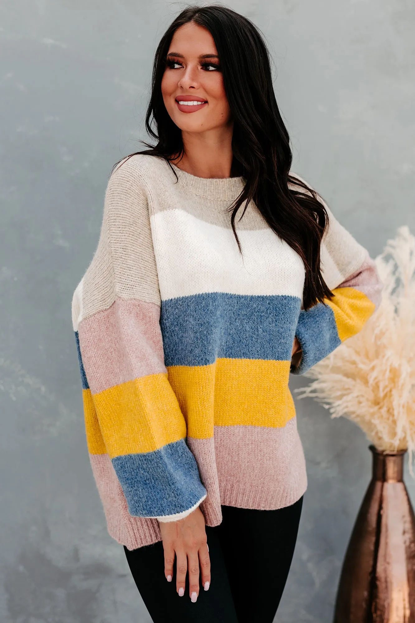 Home For The Holidays Oversized Multi-Stripe Sweater (Mustard Multi)