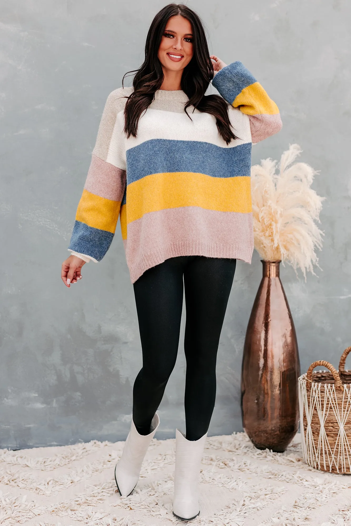 Home For The Holidays Oversized Multi-Stripe Sweater (Mustard Multi)