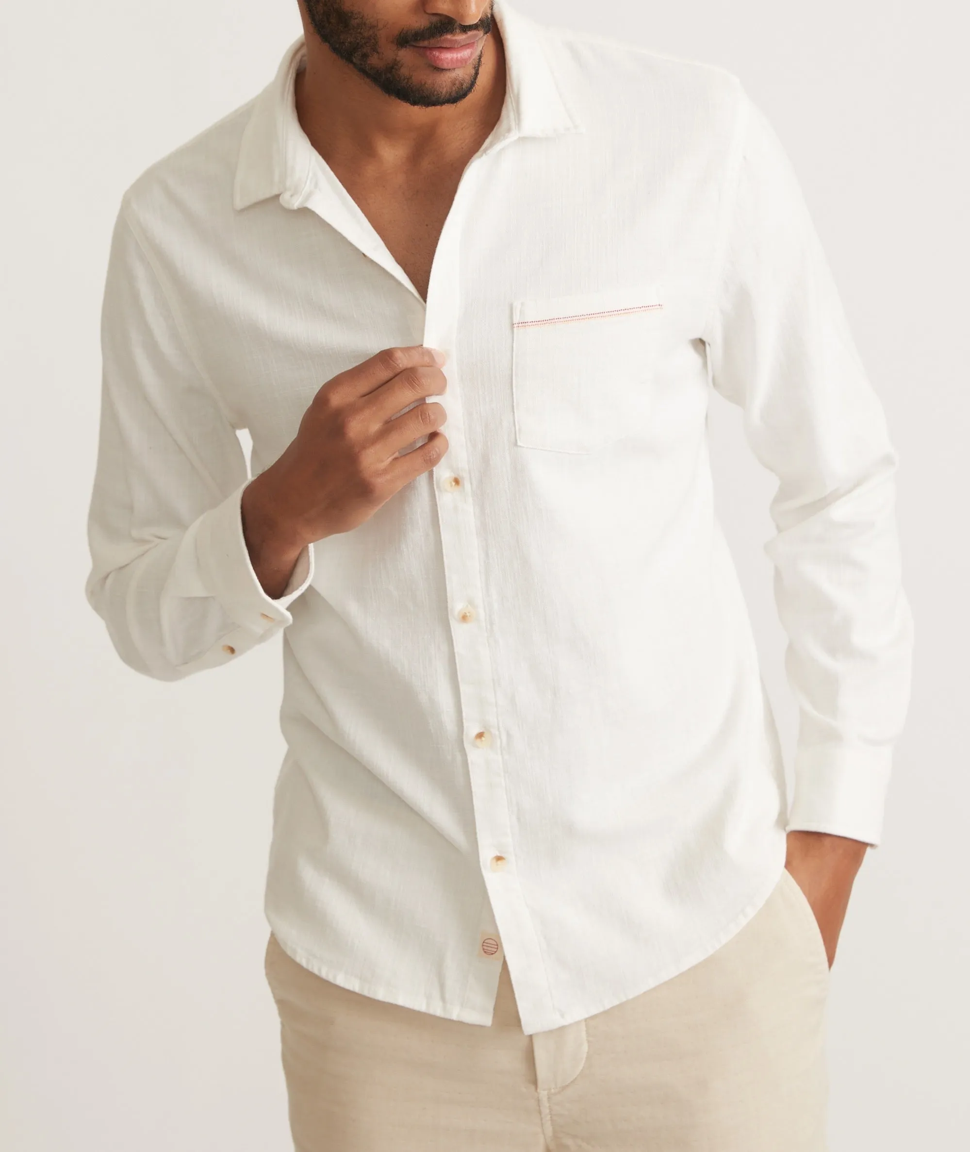 Marine Layer Classic Stretch Selvage Long Sleeve Shirt in Natural