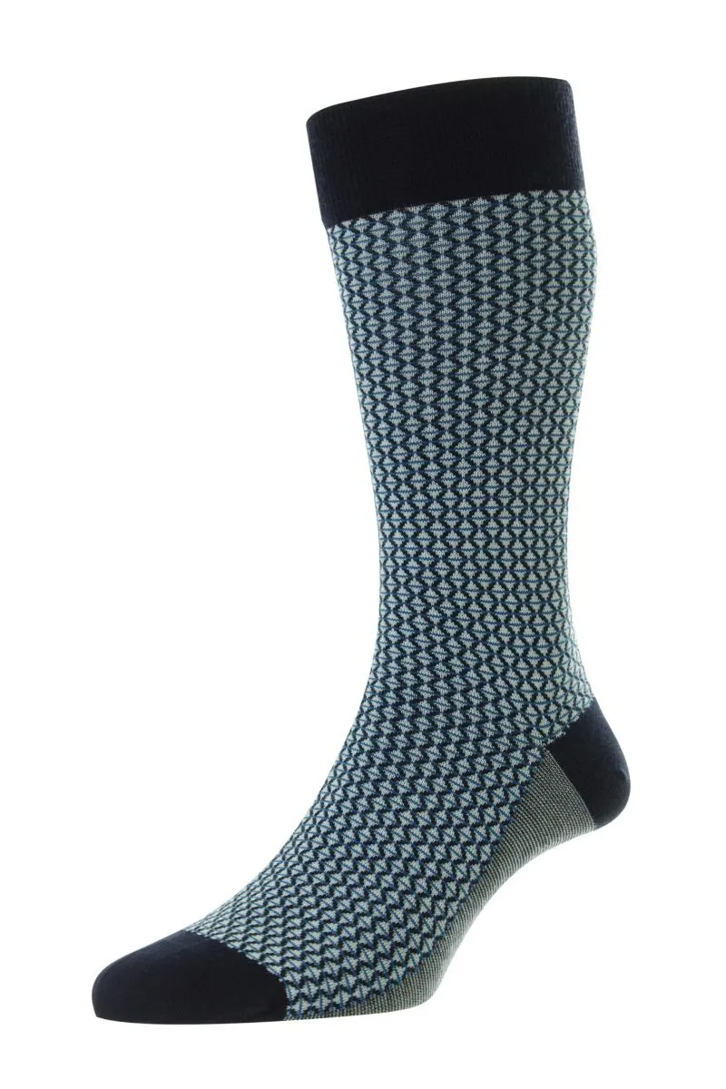 Pantherella Elgar - Diamond Jacquard Egyptian Cotton Socks - Navy
