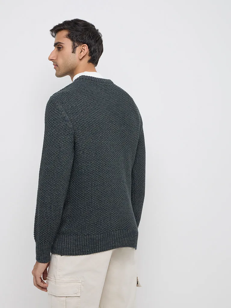 WES Casuals Dark Green Knit-Textured Slim-Fit Sweater