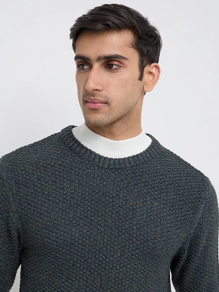 WES Casuals Dark Green Knit-Textured Slim-Fit Sweater