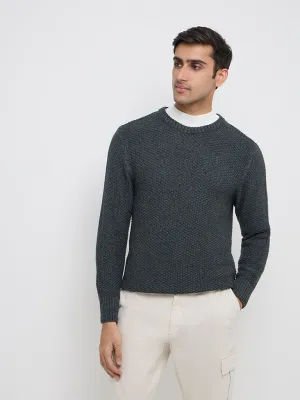 WES Casuals Dark Green Knit-Textured Slim-Fit Sweater