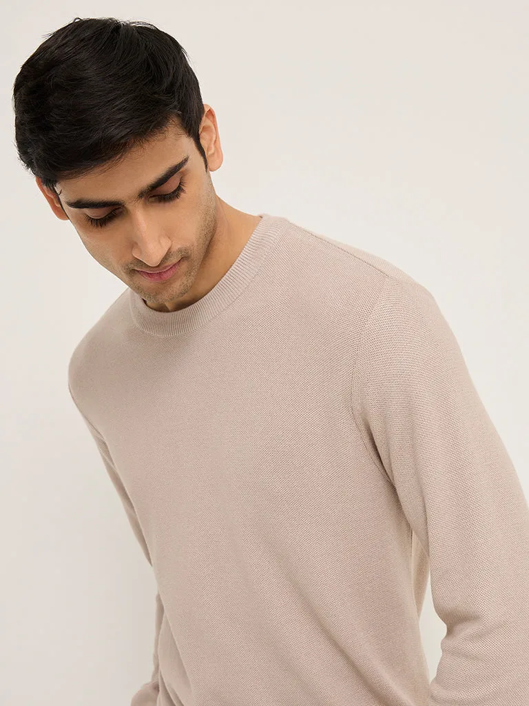 WES Formals Beige Knitted Slim-Fit Sweater