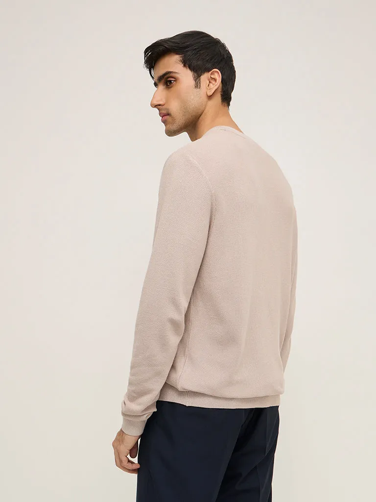 WES Formals Beige Knitted Slim-Fit Sweater