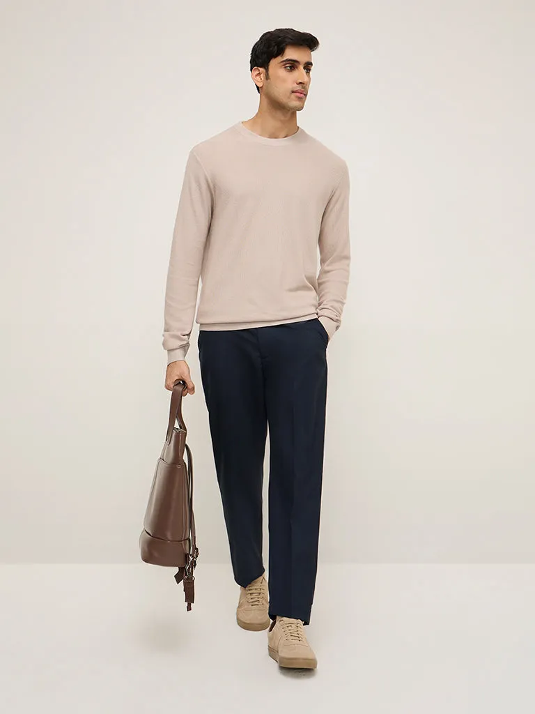 WES Formals Beige Knitted Slim-Fit Sweater