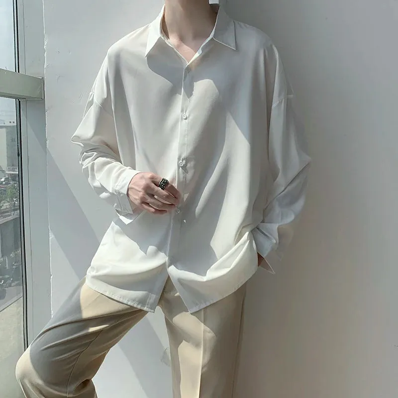 Wiaofellas  -  Black Long sleeved Shirts Men Solid Lapel Shirt Korean Comfortable Blouses Men Casual Loose Classic Summer Autumn Shirt