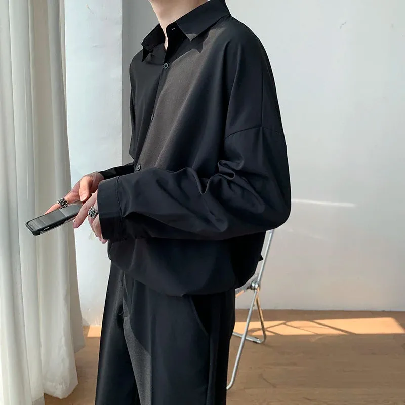 Wiaofellas  -  Black Long sleeved Shirts Men Solid Lapel Shirt Korean Comfortable Blouses Men Casual Loose Classic Summer Autumn Shirt