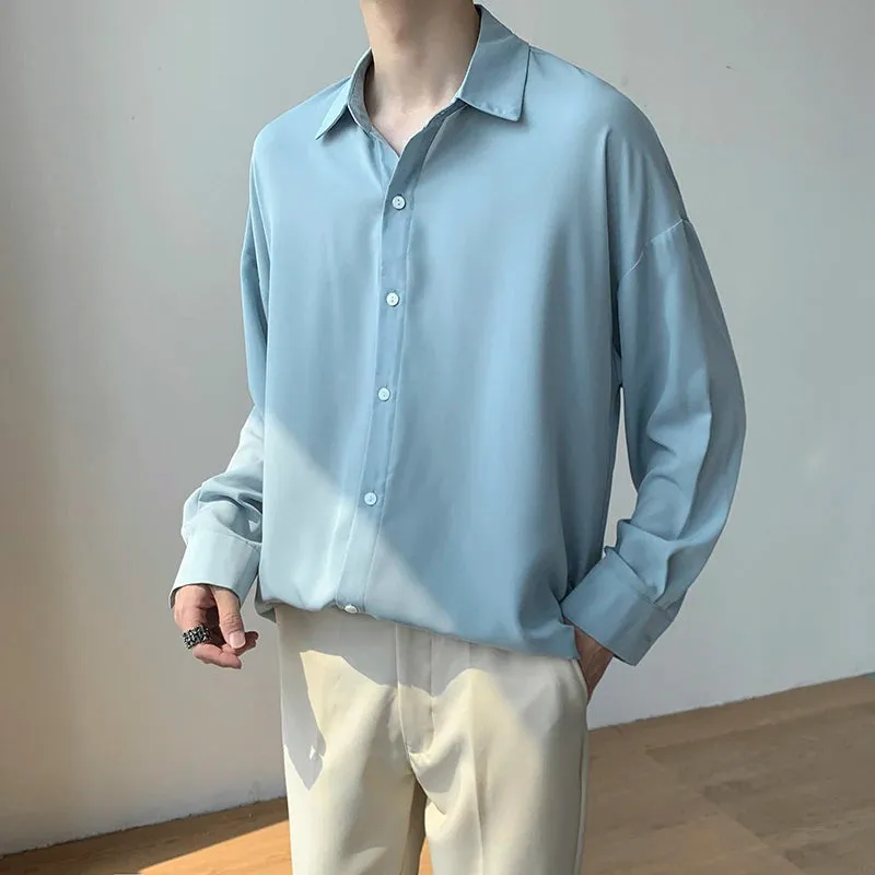 Wiaofellas  -  Black Long sleeved Shirts Men Solid Lapel Shirt Korean Comfortable Blouses Men Casual Loose Classic Summer Autumn Shirt
