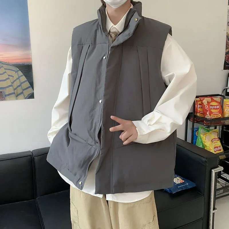 Wiaofellas  -  Korean Fashion Stand Collar Loose Vests Male Casual Solid Warm Waistcoat Coat  Autumn Winter New Heated Sleeveless Jackets Men's