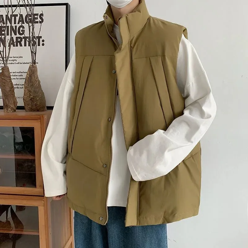 Wiaofellas  -  Korean Fashion Stand Collar Loose Vests Male Casual Solid Warm Waistcoat Coat  Autumn Winter New Heated Sleeveless Jackets Men's