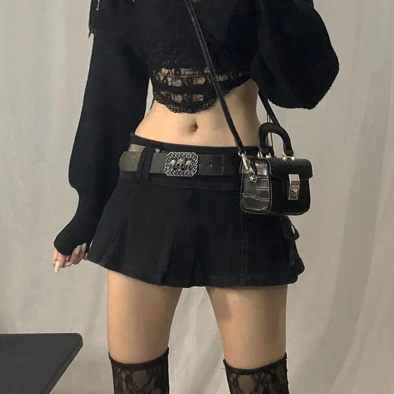 Women's Gothic Mini Skirt | Low Rise Black Pocket Patchwork