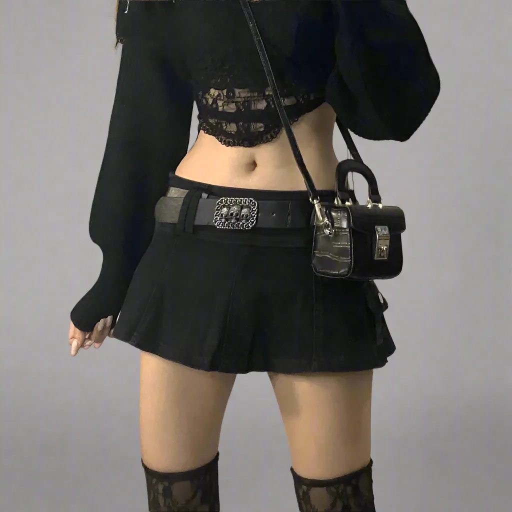 Women's Gothic Mini Skirt | Low Rise Black Pocket Patchwork