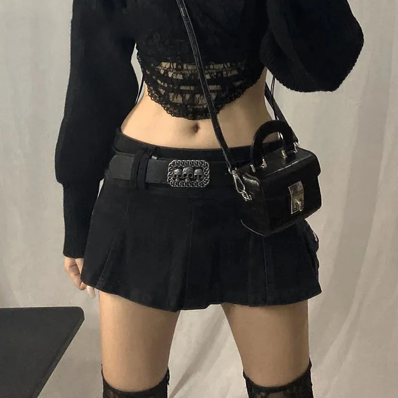 Women's Gothic Mini Skirt | Low Rise Black Pocket Patchwork
