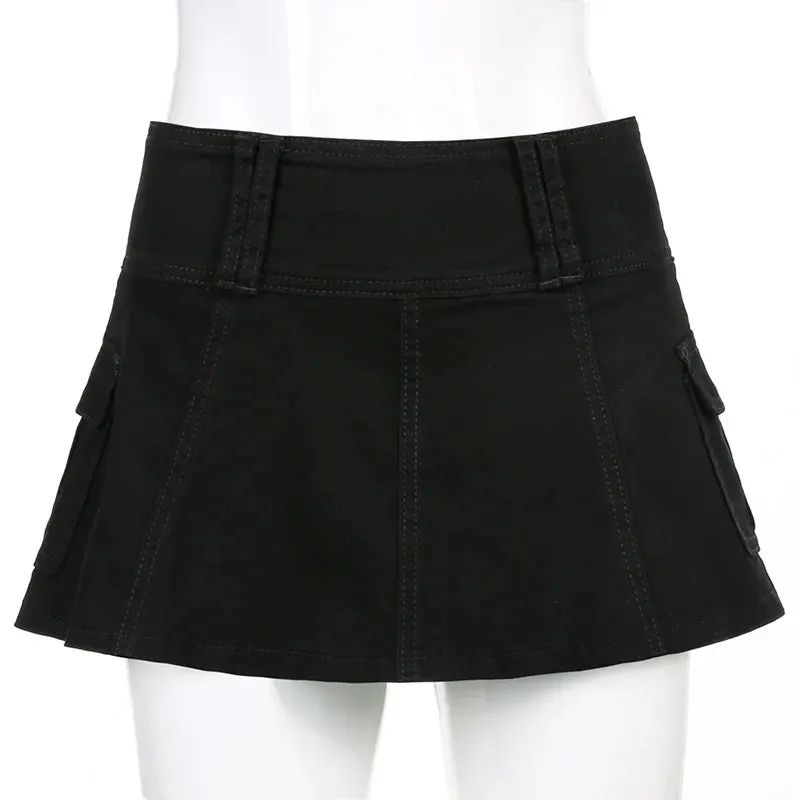 Women's Gothic Mini Skirt | Low Rise Black Pocket Patchwork